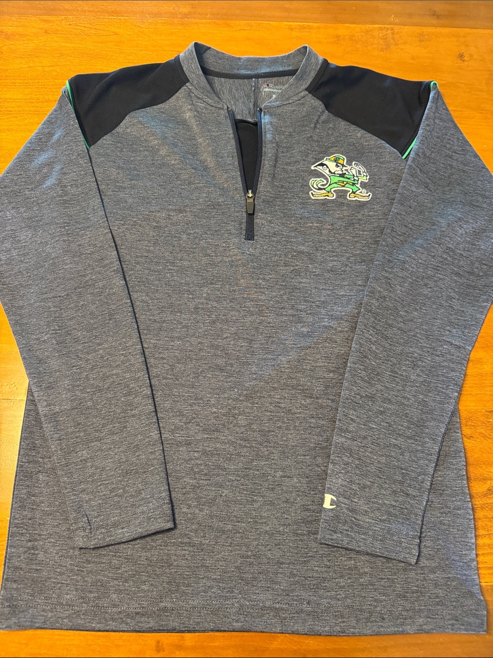 Champion Gray Quarter-Zip Pullover with Black Shoulders and Green Logo Trim